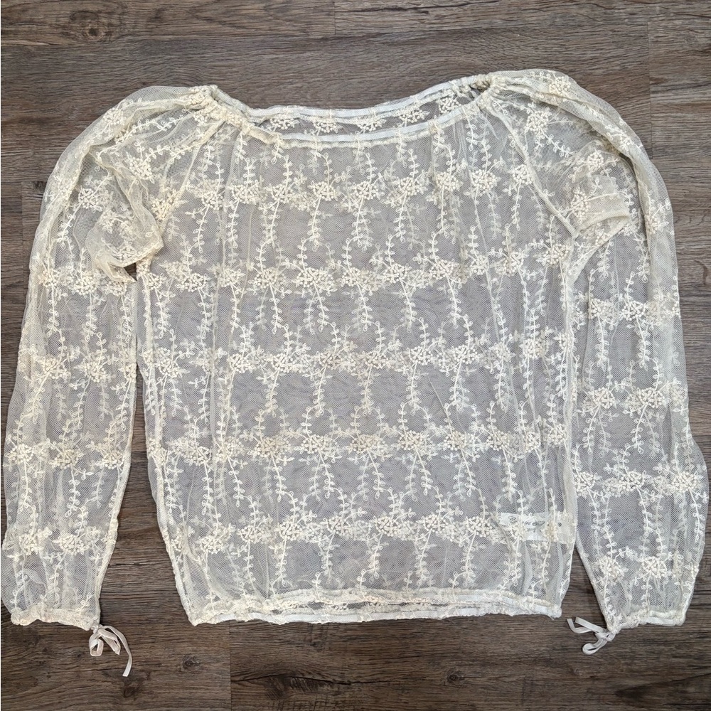 Sheer Embroidered Cotton Long Sleeve Blouse - Cream